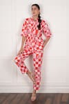 Buy_Nassh_Red Linen Printed Checkered Stand Collar Floral Shirt With Pant _at_Aza_Fashions