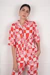 Buy_Nassh_Red Linen Printed Checkered Stand Collar Floral Shirt With Pant _Online_at_Aza_Fashions