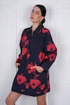 Shop_Nassh_Black Linen Printed Poppy Stand Collar Dress _Online_at_Aza_Fashions