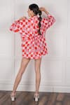 Shop_Nassh_Red Linen Checkered Stand Collar Pattern Dress _at_Aza_Fashions