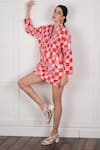 Nassh_Red Linen Checkered Stand Collar Pattern Dress _Online_at_Aza_Fashions