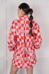 Nassh_Red Linen Checkered Stand Collar Pattern Dress _at_Aza_Fashions