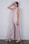 Buy_Nassh_Pink Linen Printed Zig-zag Shawl Collar Blazer With Bell Bottom Pant _Online_at_Aza_Fashions