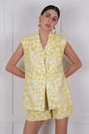 Nassh_Yellow Linen Printed Zig-zag Jacket Shawl Collar Shorts Set _Online_at_Aza_Fashions