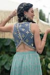 Shop_SUMMER BY PRIYANKA GUPTA_Green Blouse Chambray Embroidered Floral Applique Magic Top And Skirt Set_at_Aza_Fashions