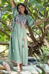 Buy_SUMMER BY PRIYANKA GUPTA_Green Cotton Lurex Embroidered Floral Round Gypsy Cube Dress_at_Aza_Fashions