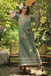 Buy_SUMMER BY PRIYANKA GUPTA_Green Cotton Lurex Embroidered Mirror V Neck Gypsy Dress_at_Aza_Fashions