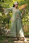 Shop_SUMMER BY PRIYANKA GUPTA_Green Cotton Lurex Embroidered Mirror V Neck Gypsy Dress _at_Aza_Fashions