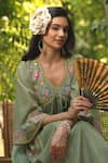 Shop_SUMMER BY PRIYANKA GUPTA_Green Cotton Lurex Embroidered Mirror V Neck Gypsy Dress _Online_at_Aza_Fashions