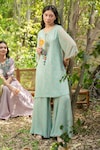 Buy_SUMMER BY PRIYANKA GUPTA_Green Georgette Lurex Embroidered Mirror Rainbow Tunic And Flared Pant Co-ord Set_at_Aza_Fashions