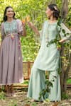 Shop_SUMMER BY PRIYANKA GUPTA_Green Georgette Lurex Embroidered Mirror Rainbow Tunic And Flared Pant Co-ord Set_at_Aza_Fashions