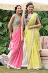 Buy_SUMMER BY PRIYANKA GUPTA_Pink Saree Chiffon Embroidered Mirror Round Border Set_at_Aza_Fashions