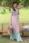 Buy_SUMMER BY PRIYANKA GUPTA_Pink Dress Georgette Lurex Embroidered Mirror Scoop Rainbow Maxi With Vest_at_Aza_Fashions