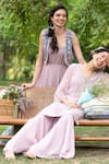 SUMMER BY PRIYANKA GUPTA_Pink Dress Georgette Lurex Embroidered Mirror Scoop Rainbow Maxi With Vest_Online_at_Aza_Fashions