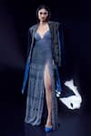 Buy_Rohit Gandhi + Rahul Khanna_Blue Tulle Embroidery Cutdana Gown Sweetheart Neck Helix Metallic With Jacket _at_Aza_Fashions