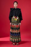 Siddhartha Bansal_Black Cotton Poplin Embroidery Bloom Bow Night Sunray Top With Pleated Skirt_at_Aza_Fashions