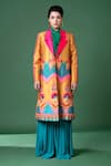 Buy_Siddhartha Bansal_Multi Color Silk Taffeta Embroidery Day Art And Print Long Coat With Flared Pant_at_Aza_Fashions
