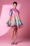 Buy_Siddhartha Bansal_Pink Top Satin Print Evening Bloom High Neck And Stripe Short Doll Dress_at_Aza_Fashions