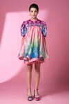 Siddhartha Bansal_Pink Top Satin Print Evening Bloom High Neck And Stripe Short Doll Dress_Online_at_Aza_Fashions