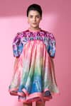 Buy_Siddhartha Bansal_Pink Top Satin Print Evening Bloom High Neck And Stripe Short Doll Dress_Online_at_Aza_Fashions