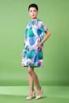 Shop_Siddhartha Bansal_Blue Cotton Satin Print Glass Art Round Neck Murano And Embroidered Shift Dress _Online_at_Aza_Fashions