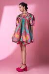 Buy_Siddhartha Bansal_Pink Moss Crepe Print Day Bloom Art High Neck Short Doll Dress_at_Aza_Fashions