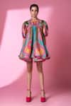 Siddhartha Bansal_Pink Moss Crepe Print Day Bloom Art High Neck Short Doll Dress_Online_at_Aza_Fashions