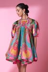 Buy_Siddhartha Bansal_Pink Moss Crepe Print Day Bloom Art High Neck Short Doll Dress_Online_at_Aza_Fashions