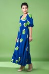 Shop_Siddhartha Bansal_Blue Cotton Print Glass Art Sweetheart Neck Murano Embroidered Midi Dress_Online_at_Aza_Fashions