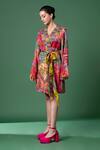 Buy_Siddhartha Bansal_Multi Color Rayon Twill Printed Floral V Neck And Abstract Wrap Dress With Belt _at_Aza_Fashions