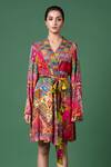 Siddhartha Bansal_Multi Color Rayon Twill Printed Floral V Neck And Abstract Wrap Dress With Belt _Online_at_Aza_Fashions