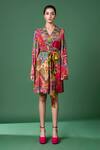 Buy_Siddhartha Bansal_Multi Color Rayon Twill Printed Floral V Neck And Abstract Wrap Dress With Belt _Online_at_Aza_Fashions