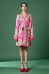 Siddhartha Bansal_Pink Rayon Twill Printed Floral V Neck Abstract And Wrap Dress With Belt _Online_at_Aza_Fashions