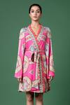 Buy_Siddhartha Bansal_Pink Rayon Twill Printed Floral V Neck Abstract And Wrap Dress With Belt _Online_at_Aza_Fashions