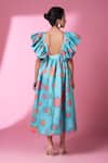 Shop_Siddhartha Bansal_Blue Neoprine Printed Geometric Plunge V-neck Ruffle Dress_at_Aza_Fashions