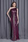 Buy_Cham Cham_Pink Knit Lame Embellished Sequin One Shoulder Halo Draped Gown _at_Aza_Fashions