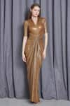 Buy_Cham Cham_Gold Knit Lame Embellished Sequin Collar Neck Metallic Draped Gown _at_Aza_Fashions