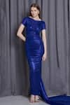 Buy_Cham Cham_Blue Knit Lame Boat Neck Ruched Mermaid Gown With Detachable Trail _at_Aza_Fashions