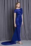 Cham Cham_Blue Knit Lame Boat Neck Ruched Mermaid Gown With Detachable Trail _at_Aza_Fashions