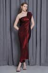 Buy_Cham Cham_Red Knit Lame One Shoulder Metallic Draped Gown _at_Aza_Fashions