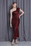 Cham Cham_Red Knit Lame One Shoulder Metallic Draped Gown _Online_at_Aza_Fashions