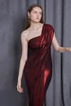 Shop_Cham Cham_Red Knit Lame One Shoulder Metallic Draped Gown _Online_at_Aza_Fashions