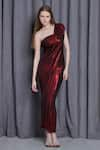 Cham Cham_Red Knit Lame One Shoulder Metallic Draped Gown _at_Aza_Fashions