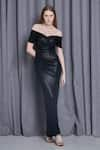 Buy_Cham Cham_Black Knit Lame Off Shoulder Draped Bodycon Gown _at_Aza_Fashions