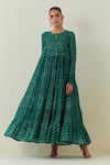 Ikshita Choudhary_Green Light Chanderi Block Print Dot Tiered Floral Anarkali Churidar Set _Online_at_Aza_Fashions