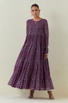 Ikshita Choudhary_Purple Light Chanderi Block Print Dot Keyhole Floral Anarkali Churidar Set _Online_at_Aza_Fashions