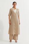 Buy_TIC_Beige Cotton Slub Plain Collared Neck Kurta With Pant _at_Aza_Fashions