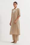 Shop_TIC_Beige Cotton Slub Plain Collared Neck Kurta With Pant _at_Aza_Fashions