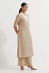 Shop_TIC_Beige Cotton Slub Plain Collared Neck Kurta With Pant _Online_at_Aza_Fashions