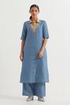 Buy_TIC_Blue Cotton Slub Plain Collared Neck Two Tone Kurta With Pant _at_Aza_Fashions